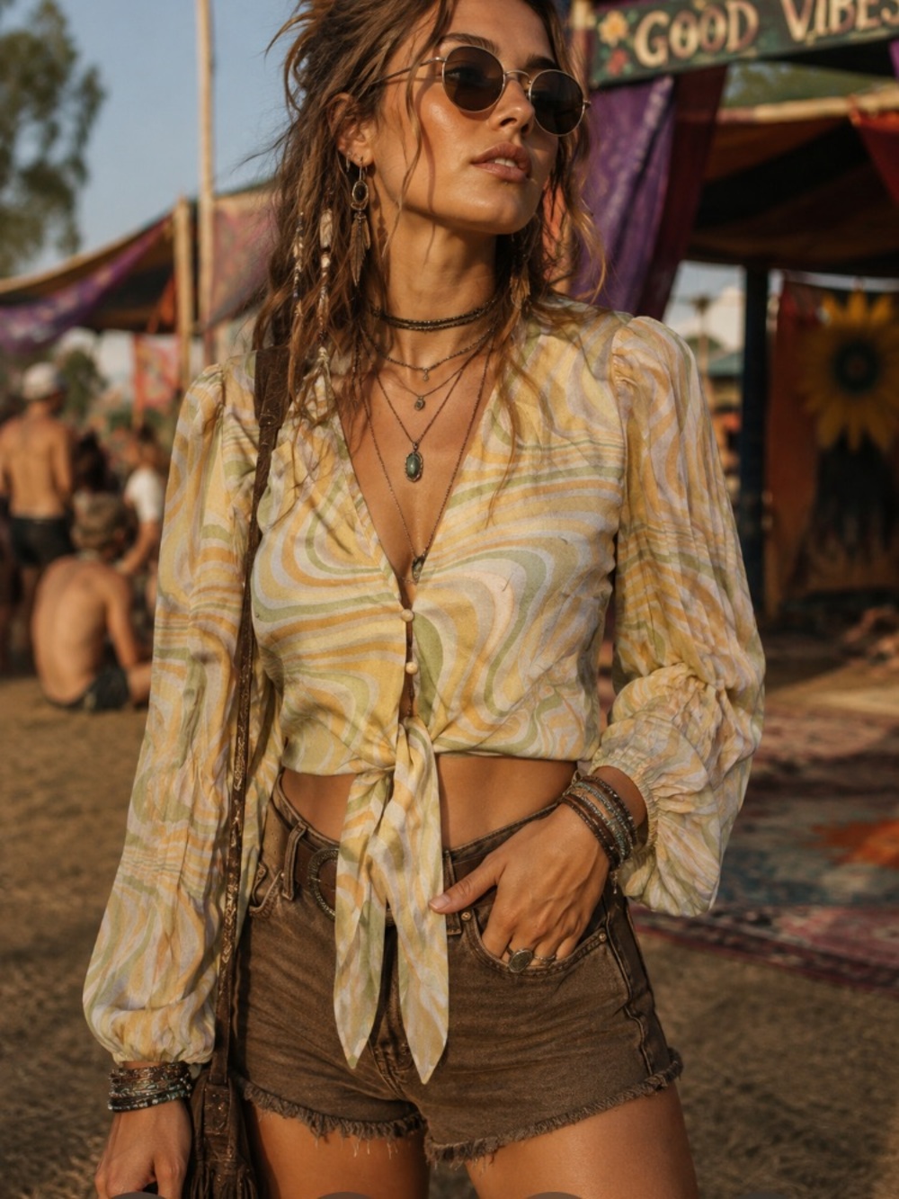 Anthropologie The Wolf Gang Montana tie front crop blouse retro style top shirt